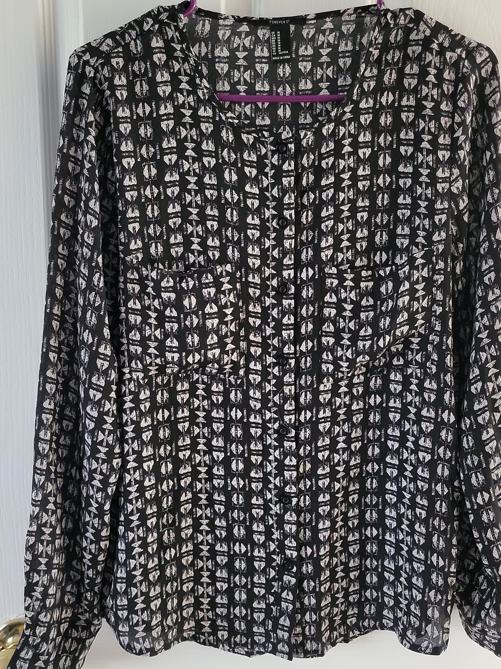Black and White Geometric Button-Up Blouse
